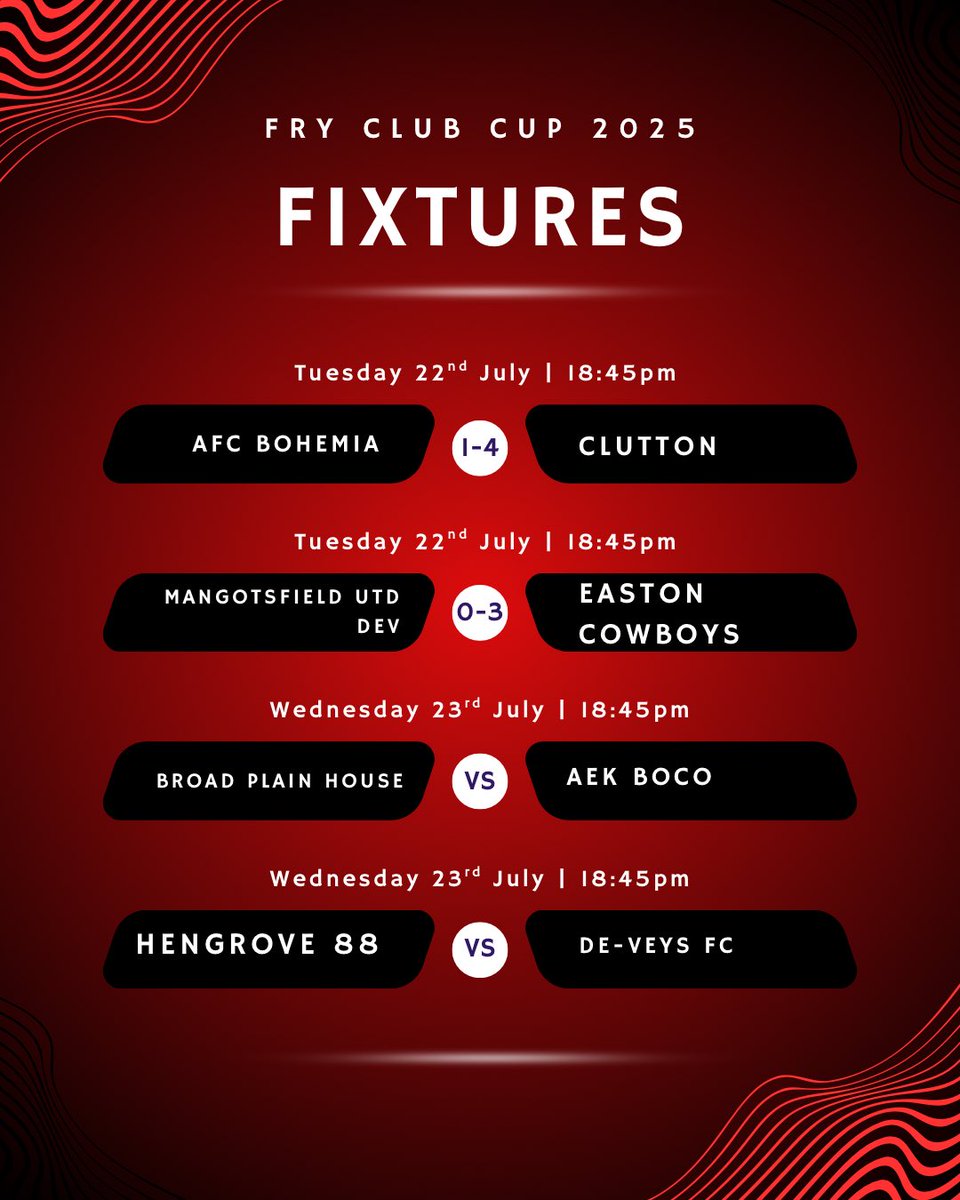 FrysFC's tweet photo. Tonight sees the final 2nd round fixtures before we start the quarter finals tomorrow! Fixtures below & also the results of the already completed 2nd round games!
Good luck to all teams tonight!
#FCC25 https://t.co/AzIKlpRXT0