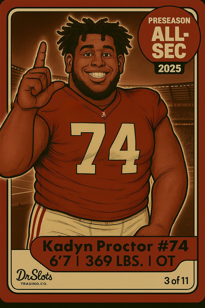 DrSlotsDrip's tweet image. 🔥 Card 3 of 11 🔥
Standing 6’7” and 369 lbs of pure power, @KadynProctor1 locks down the trenches for Bama.
First Team Preseason All-SEC and built for domination. 🛡️🐘
#RollTide