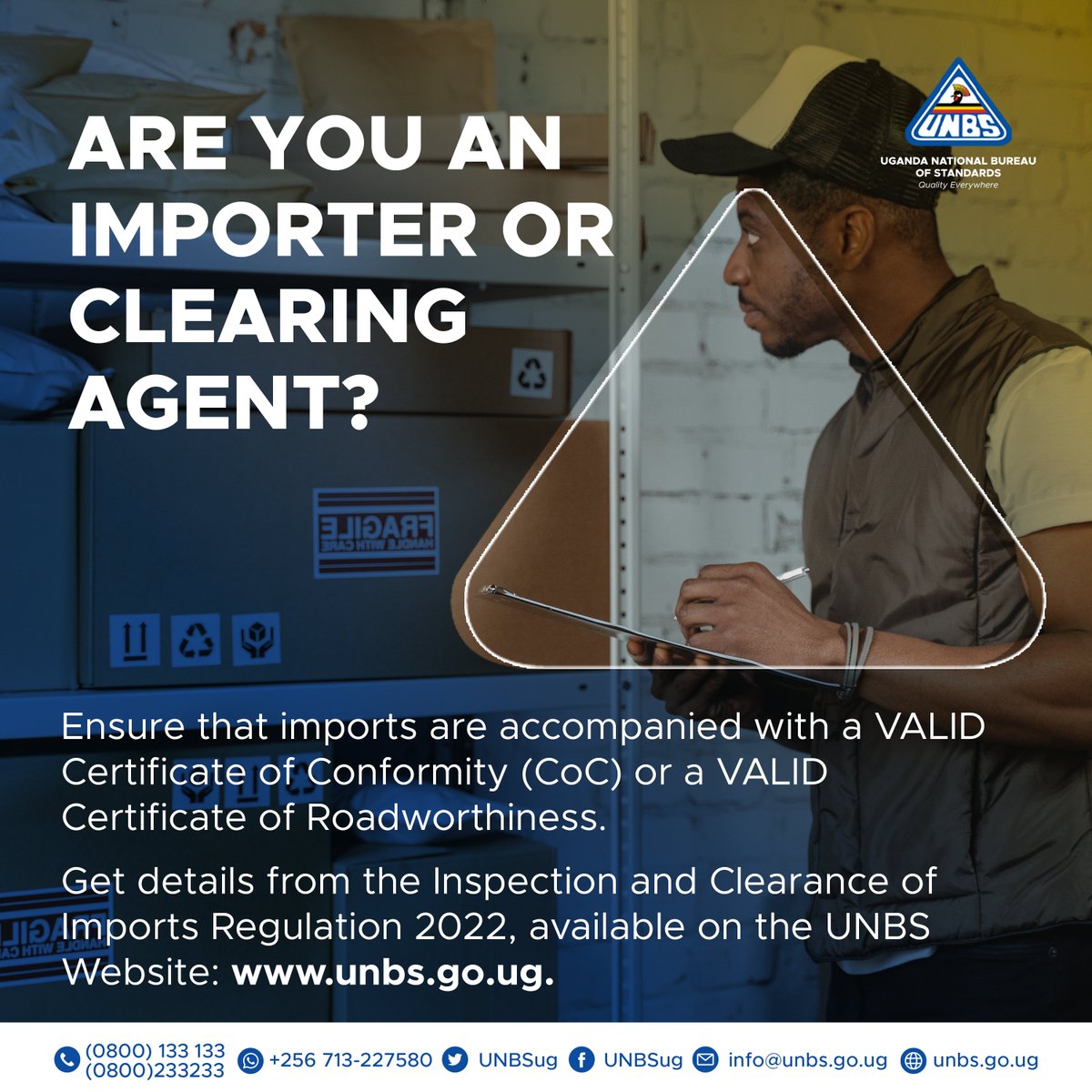 UNBSug's tweet image. Are you an importer or clearing agent?

The Inspection and clearance of imports regulation 2022 states that products shall be accompanied with a Certificate of Conformity (CoC) or Certificate of Road Worthiness (CRW). The CRW shall be valid for nine months from the date of issue…