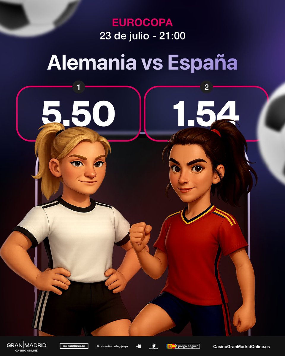 El pase a la final de la #WEURO2025 se decide esta noche entre 🇩🇪🆚🇪🇸  

Gana Alemania a cuota 5⃣.5⃣0⃣
Gana España a cuota 1⃣.5⃣4⃣

🔗 Haz tu apuesta ya aquí: bit.ly/37yLBY4

#Casinoonline #España