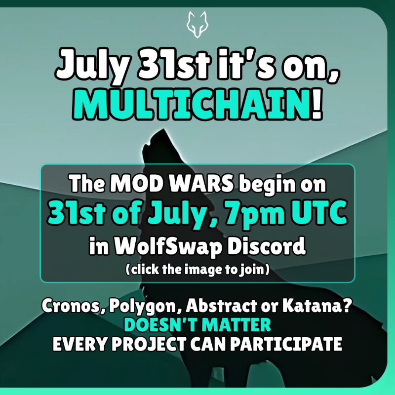 wolfswapdotapp's tweet photo. It's time for MOD WARS: EPISODE II 🔥

Up to 500k $MOON for the winner, cross-chain competition, and LOADS OF FUN!

The first event had 50+ projects participating from Cronos and Polygon. Can we reach more this time with other chains as well? 👇