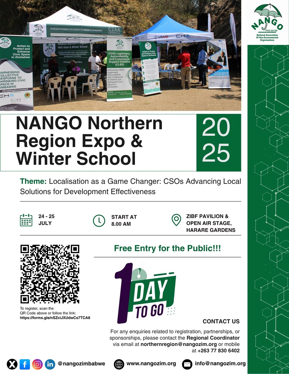 ⏳ 1 DAY TO GO!

The stage is set for the NANGO Northern Region NGO Expo &amp; Winter School 2025!

📍 Harare Gardens – ZIBF grounds
🕗 0800–1700
🎯 Theme: Localisation as a Game Changer: CSOs Advancing Local Solutions for Development Effectiveness.
✅ Free legal advice, compliance