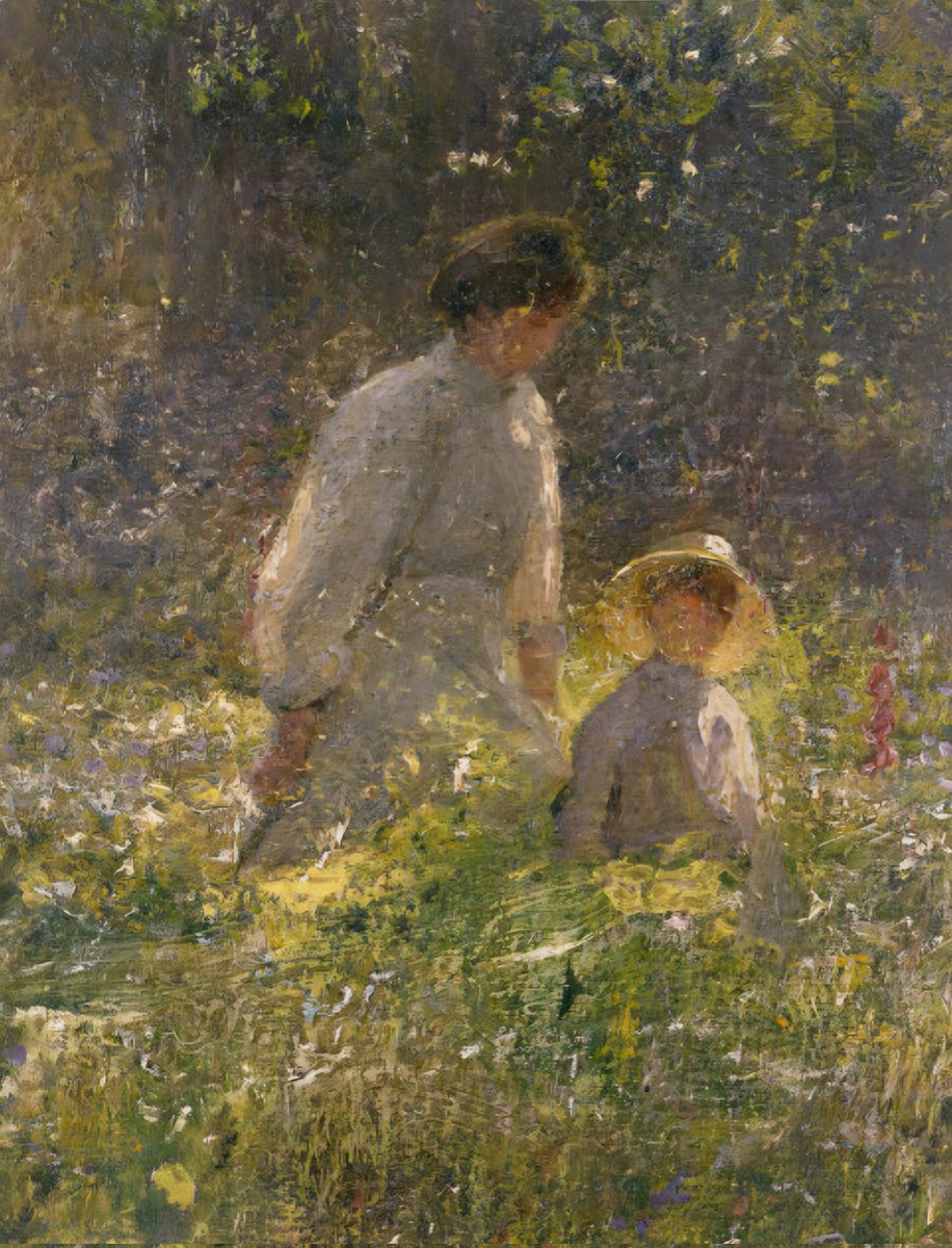 ahistoryinart's tweet image. Unable to sell 'Deep in the Maze of Summer Woods,' (c1907) which had been shown as his star exhibit at the Royal Academy in 1908, Rex Vicat Cole destroyed much of the picture - only a fragment remains: his wife and son walking through a clearing at Fittleworth in Sussex.