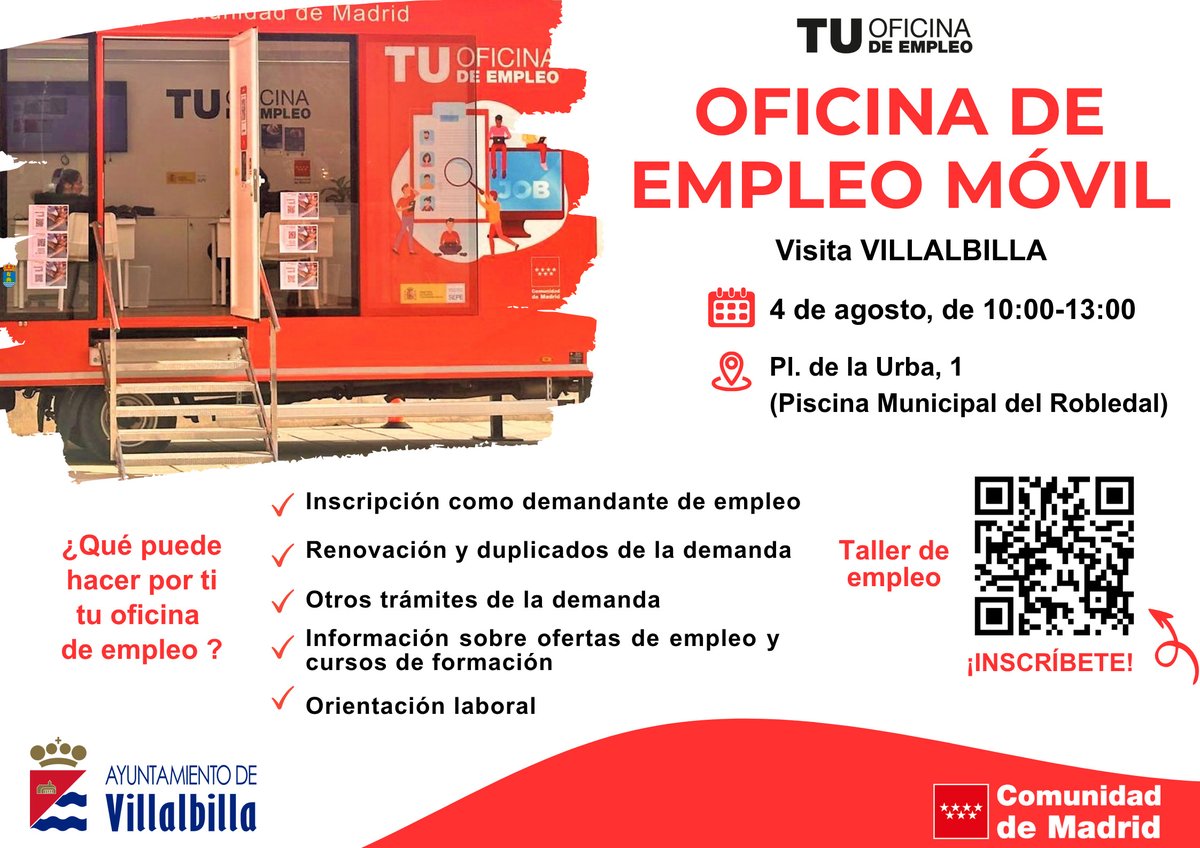 🛑 ¿Buscas trabajo o necesitas orientación laboral?
La Oficina de Empleo Móvil estará en Villalbilla
📅Lunes, 4 de agosto, de 10:00 a 13:00 h
📍(Plaza de la Urba, junto a la piscina)
✅ Inscripción y renovación de demanda
🎯 Taller de empleo (¡inscríbete con el QR!)
#Villalbilla