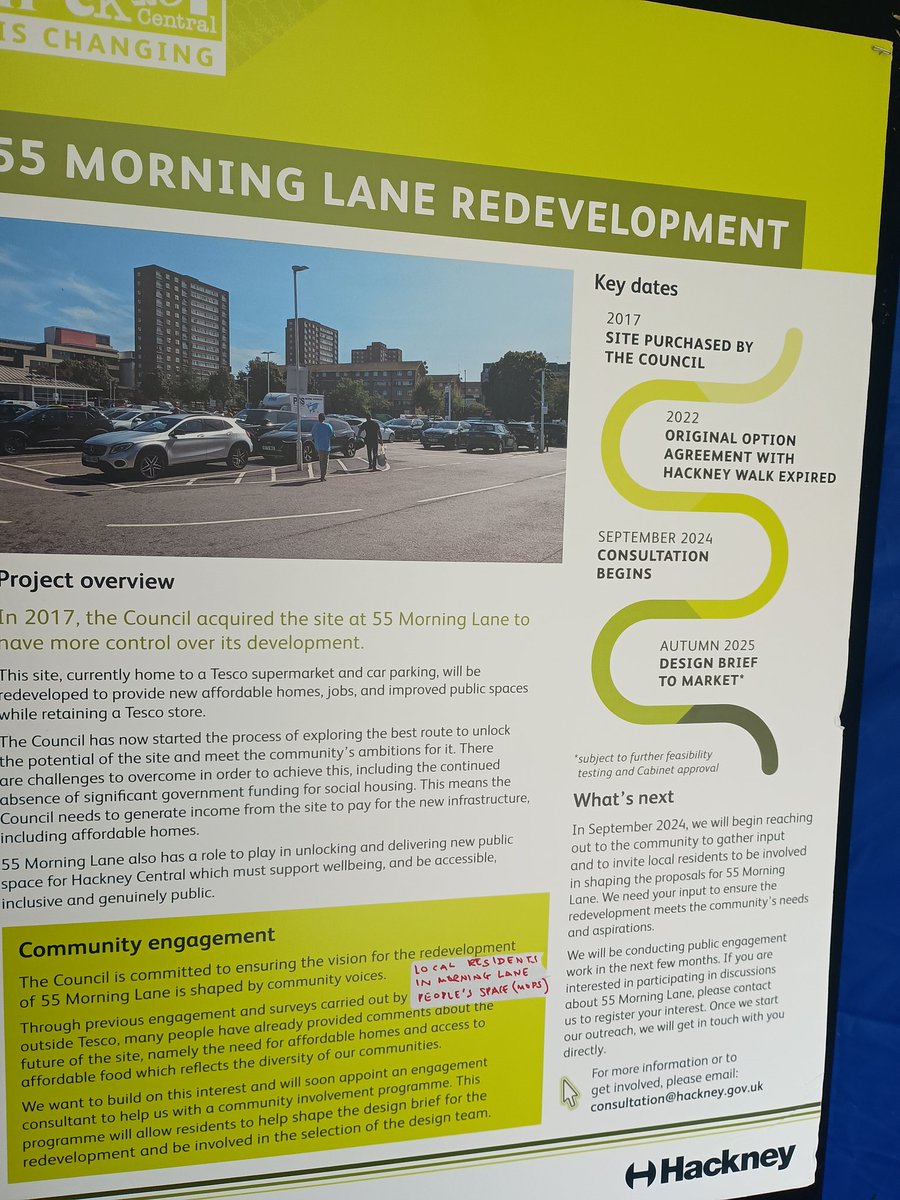 Morning Lane People's Space (@mopscampaign) on Twitter photo Disappointing to see <a href="/hackneycouncil/">Hackney Council</a> using a poster about 55 Morning Lane that's a year old at their Hackney Central Showcase. Some information on it is wrong or misleading. This is a key site, and the Council has 3 options for developing it, why not share them & get feedback? Disappointing to see <a href="/hackneycouncil/">Hackney Council</a> using a poster about 55 Morning Lane that's a year old at their Hackney Central Showcase. Some information on it is wrong or misleading. This is a key site, and the Council has 3 options for developing it, why not share them & get feedback?