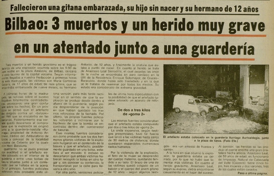 vctorst2's tweet image. Un día como hoy de 1980 la #TripleA asesinó en #Bilbao al empleado de limpieza ANASTASIO LEAL, a MARÍA CONTRERAS GABARRI, en avanzado de gestación, y su hermano ANTONIO, de 12 años.

Les alcanzó la explosión de una bomba contra una guardería, propiedad de un edil de HB.

#MEMORIA