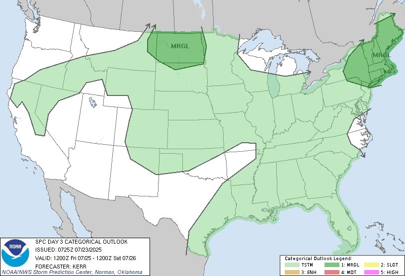 NWSSPC's tweet image. 2:27am CDT #SPC Day3 Outlook Marginal Risk: Friday into Friday night across much of Maine New Hampshire Vermont Massachussetts Rhode Island Connecticut much of central and eastern New York Long island parts of northeastern Pennsy... spc.noaa.gov/products/outlo…