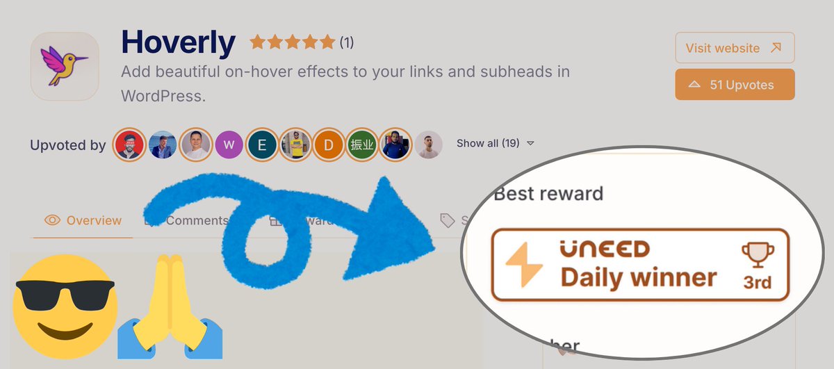 iamkarolk's tweet image. Happy to report that Hoverly ended up in the 3rd spot among @UneedLists daily launches yesterday! 😎
Thanks so much for the votes, guys! 🙏
(If you're just hearing about it - Hoverly is my simple generator for cool hover link effects for #WordPress)
👉 hoverly.wpwork.shop