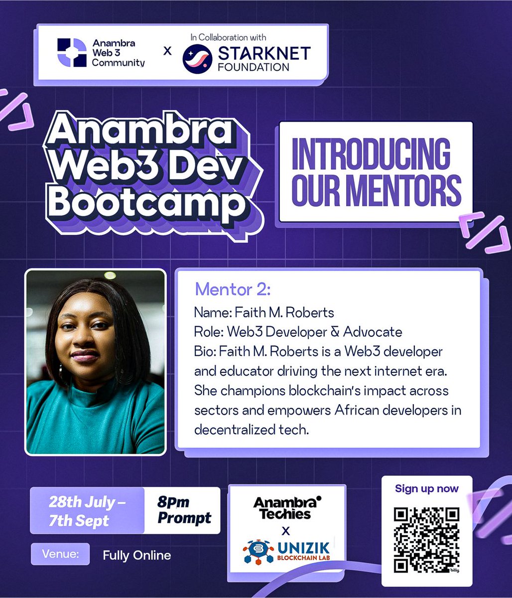 Anambra Web3 Conference (@anambraweb3conf) on Twitter photo Mentor Announcement🚨
Introducing our first mentor <a href="/Faytey7/">Faith M. Roberts</a> Faith M. Roberts for the Anambra Web3 Developers Bootcamp (Cairo Edition)
She is a Web3 Developer & Advocate.
Haven’t registered yet? Don’t miss out secure your spot now!
bit.ly/4eYO7pn Mentor Announcement🚨
Introducing our first mentor <a href="/Faytey7/">Faith M. Roberts</a> Faith M. Roberts for the Anambra Web3 Developers Bootcamp (Cairo Edition)
She is a Web3 Developer & Advocate.
Haven’t registered yet? Don’t miss out secure your spot now!
bit.ly/4eYO7pn