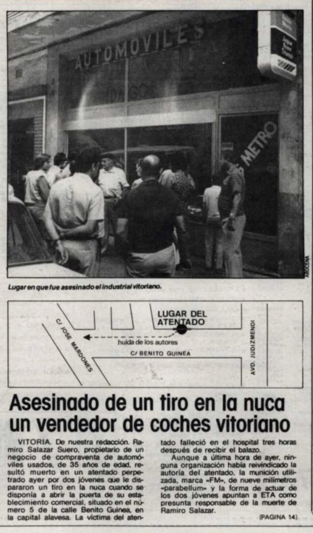 vctorst2's tweet image. Un día como hoy de 1983 #ETA asesinó en #Vitoria al comerciante RAMIRO SALAZAR SUERO. 

Dos pistoleros le dispararon en la nuca cuando iba a abrir su taller de compraventa de vehículos. 

Le abordaron por la espalda, disparándole sin que tuviese tiempo de reaccionar.

#MEMORIA
