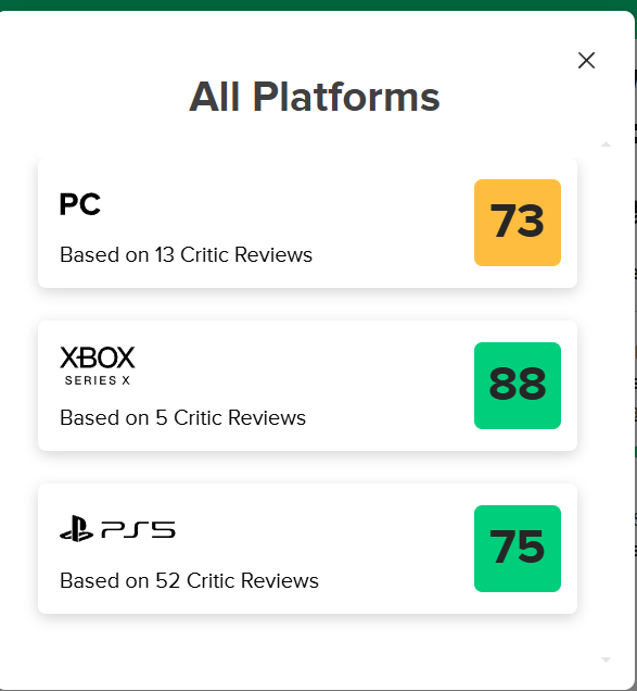 🤡WUCHANG: Fallen Feathers inceleme puanları yayınlandı.

Metacritic: 75
OpenCritic: 77

Oyungezer: 8.5/10
IGN TR: 8/10
Atarita 76/100

IGN: 8/10
Eurogamer: 3/5
Gamesradar+: 3.5/5
PCGamer: 49/100