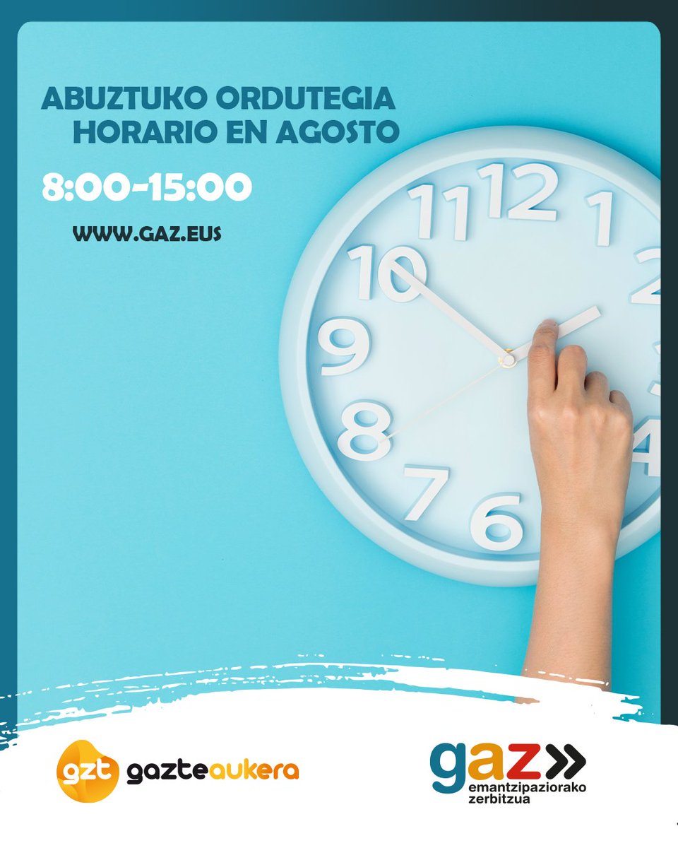 ⏰GAZ zerbitzuaren abuztuko ordutegia astelehenetik ostiralera izango da, 8: 00etatik 15:00etara.
--
⏰El horario de agosto del servicio GAZ será de lunes a viernes de 8:00 a 15:00 horas.
#GAZ