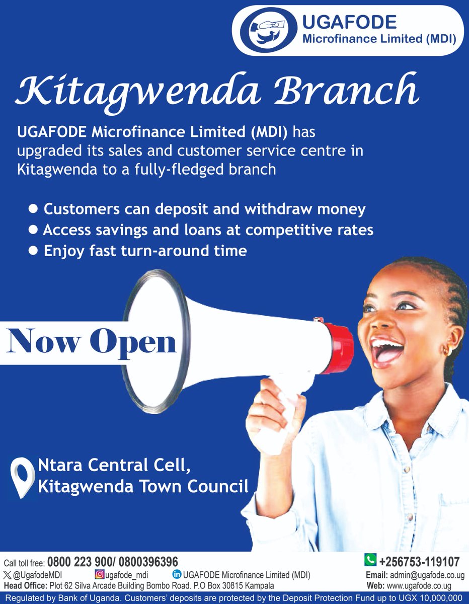 UGAFODE Microfinance (@ugafodemdi) on Twitter photo Customers and the public are hereby informed that <a href="/UgafodeMDI/">UGAFODE Microfinance</a> has upgraded its sales and customer service centre in Kitagwenda to a fully-fledged branch. The institution now operates 21 branches and 5 sales and customer service centres.
#financialinclusion
#savingsstrategies Customers and the public are hereby informed that <a href="/UgafodeMDI/">UGAFODE Microfinance</a> has upgraded its sales and customer service centre in Kitagwenda to a fully-fledged branch. The institution now operates 21 branches and 5 sales and customer service centres.
#financialinclusion
#savingsstrategies