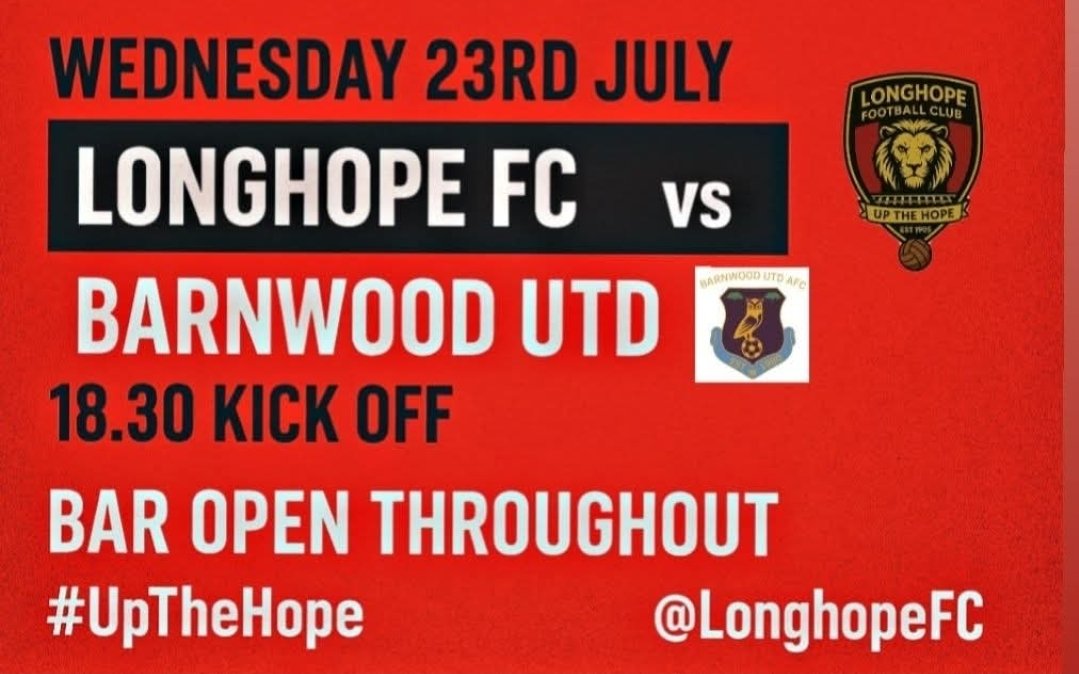 Longhope Football Club (@longhopefc) on Twitter photo Matchday!
This evening we take on <a href="/BarnwoodUtd/">Barnwood United AFC</a> in our latest pre-season friendly
6.30 kick off
@ Longhope Recreation Ground
Bar Open throughout
<a href="/SevernSport/">Severn Sport</a>
π΄β«οΈ #UpTheHope π΄β«οΈ Matchday!
This evening we take on <a href="/BarnwoodUtd/">Barnwood United AFC</a> in our latest pre-season friendly
6.30 kick off
@ Longhope Recreation Ground
Bar Open throughout
<a href="/SevernSport/">Severn Sport</a>
π΄β«οΈ #UpTheHope π΄β«οΈ