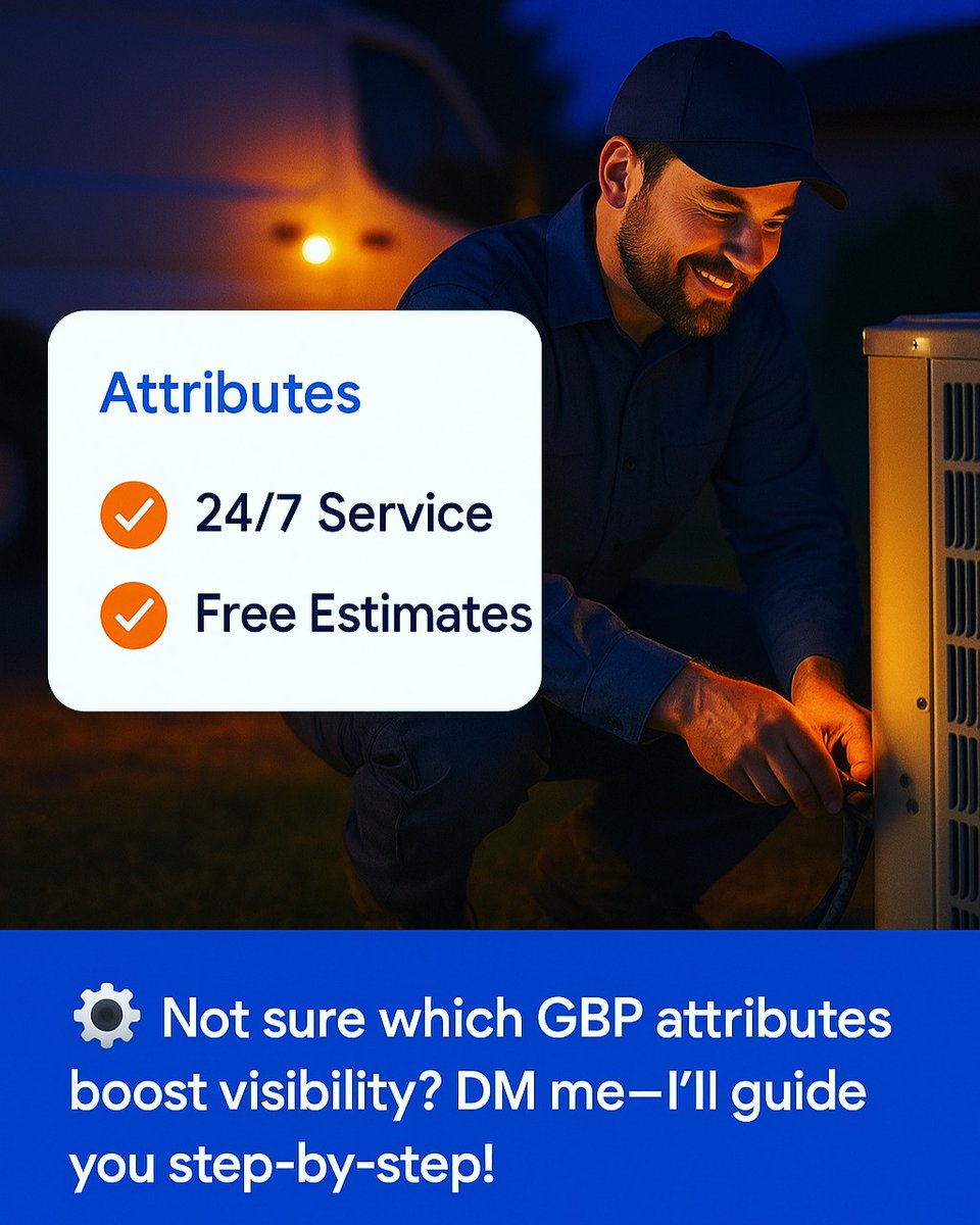 🌟 Want more HVAC leads from Google Maps? 

Update your GBP Attributes—like 24/7 service or free estimates. Most skip it. Don’t. 📍Be the biz that shows up!

#HVACSEO #GoogleBusinessProfile #LocalSEO #MapRanking #HVACMarketing #HVACLeads
