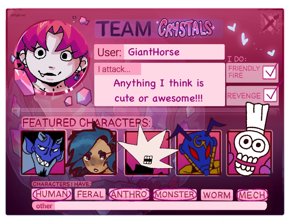 Forgot to post my Artfight card for this year! I’ve been having a whole bunch of fun!!! #artfight