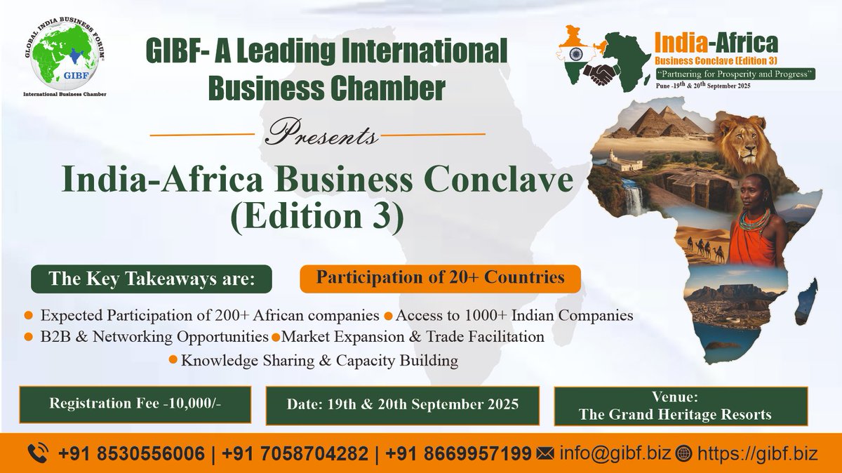 🌍 Join the India–Africa Business Conclave 2025 by GIBF!
📅 19–20 Sept | 📍 Pune
🤝 2000+ Delegates | B2B/B2G Meetings | Expo | Awards
🚀 Explore sectors: Agri, Pharma, Infra &amp; more!
🔗 Register: gibfindiaafricabusinessconclave.com
#GIBF2025 #IndiaAfricaSummit