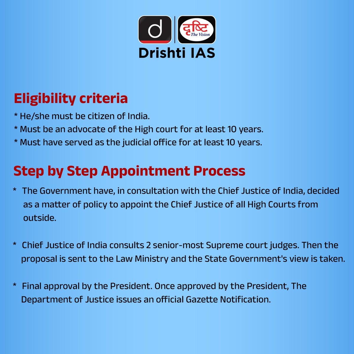 drishtiiaseng's tweet photo. How are High Court Judges Appointed in India?

#DrishtiStaticBytes #HighCourtJudges #HighCourt #Judges #Appointment #JudicialAppointments #IndianJudiciary #ConstitutionOfIndia #Article217 #JudiciaryExplained #UPSC #DrishtiIAS #DrishtiIASEnglish https://t.co/HgHRK24g9c