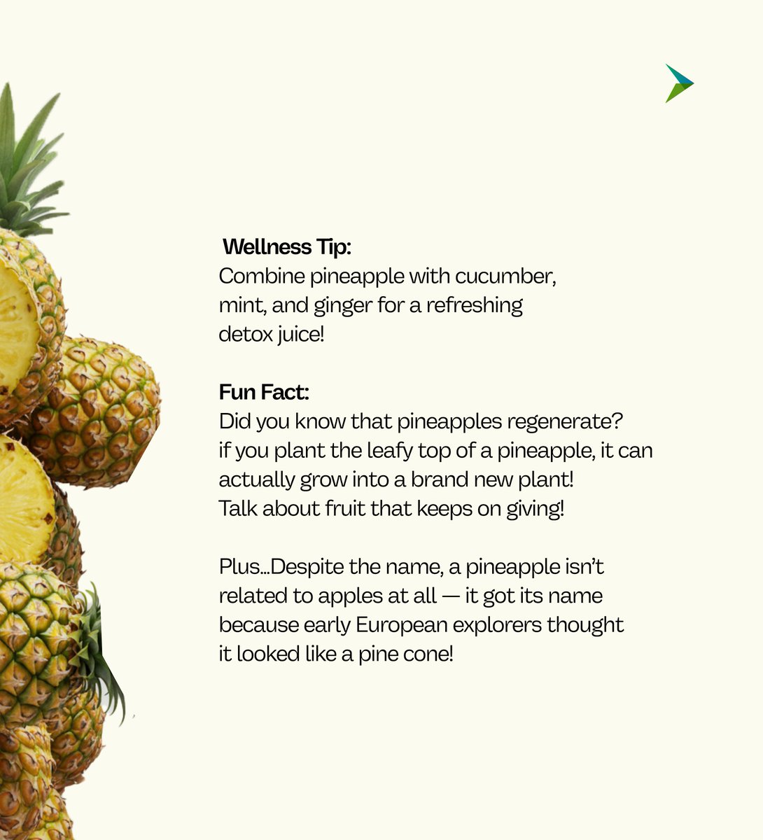 🍍 Wellness Wednesday Spotlight: Pineapple Power! 

Did you know that this tropical fruit isn’t just sweet it’s a wellness powerhouse?
✅ Boosts Immunity – 
✅ Aids Digestion – 
✅ Supports Glowing Skin –
✅ Anti-Inflammatory
#wellnesswednesday #pineapplebenefits #healthyliving