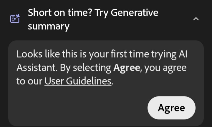 sottovoceinora's tweet image. This *@#%*& came up when I was reading. Wtf do I want a summary, I want to read! Stop forcing gen AI to everything and ruin the writing/reading authenticity. #*@%!
@CreatureAuthor we talked about this and this time I managed to take a screenshot. It's Adobe Acrobat for Pdf.