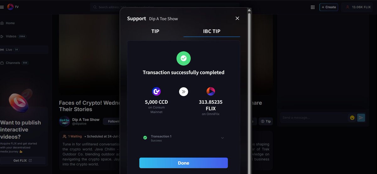 coreumconcepts's tweet image. Nice to see @DipAToeShow on @OmniFLixTV 

As I promised, you have already made more revenue on day 1 than you have on @YouTubeTV 

Own your content
Own your revenue
Own your freedom

I was able to tip you in $CCD Tokens I earned from Staking $COREUM on @Cor3_Community Validator