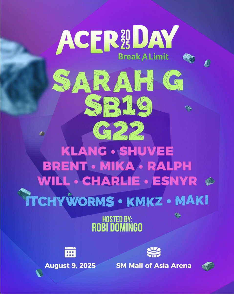 SoundCheckMNL's tweet image. #AcerDay2025 is set for Aug 9 at MOA Arena!
Performers: #SB19 @SB19Official #G22, #SarahG, #Itchyworms, #KMKZ, #Maki. Meet new Acerpure ambassadors from #PBBCelebrityCollab!
Let’s #BreakALimit together! soundcheckmanila.home.blog/2025/07/23/ace… @AcerPhils
