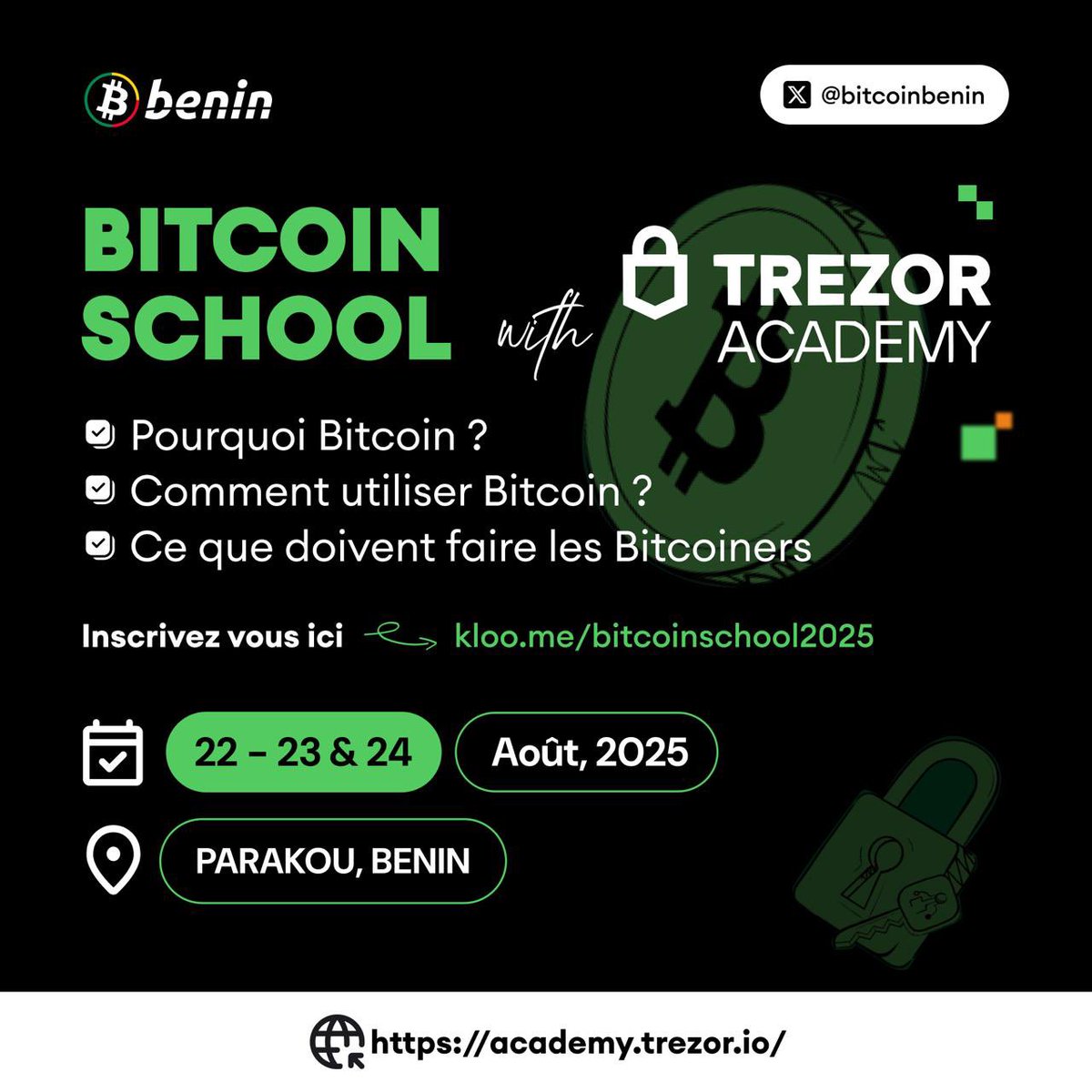 ₿itcoin ₿enin 🇧🇯 (@bitcoinbenin) on Twitter photo 🚨 Bitcoin School w/ <a href="/TrezorAcademy/">Trezor Academy</a> is coming to Parakou!
After a successful edition in Cotonou, we’re taking the mission up north.
🗓️ August 22–24, 2025
📚 3 days of learning, discovery & connection.
🌍 Open to beginners, curious minds & Bitcoiners.
🎟️:kloo.me/parakoubitcoin… 🚨 Bitcoin School w/ <a href="/TrezorAcademy/">Trezor Academy</a> is coming to Parakou!
After a successful edition in Cotonou, we’re taking the mission up north.
🗓️ August 22–24, 2025
📚 3 days of learning, discovery & connection.
🌍 Open to beginners, curious minds & Bitcoiners.
🎟️:kloo.me/parakoubitcoin…