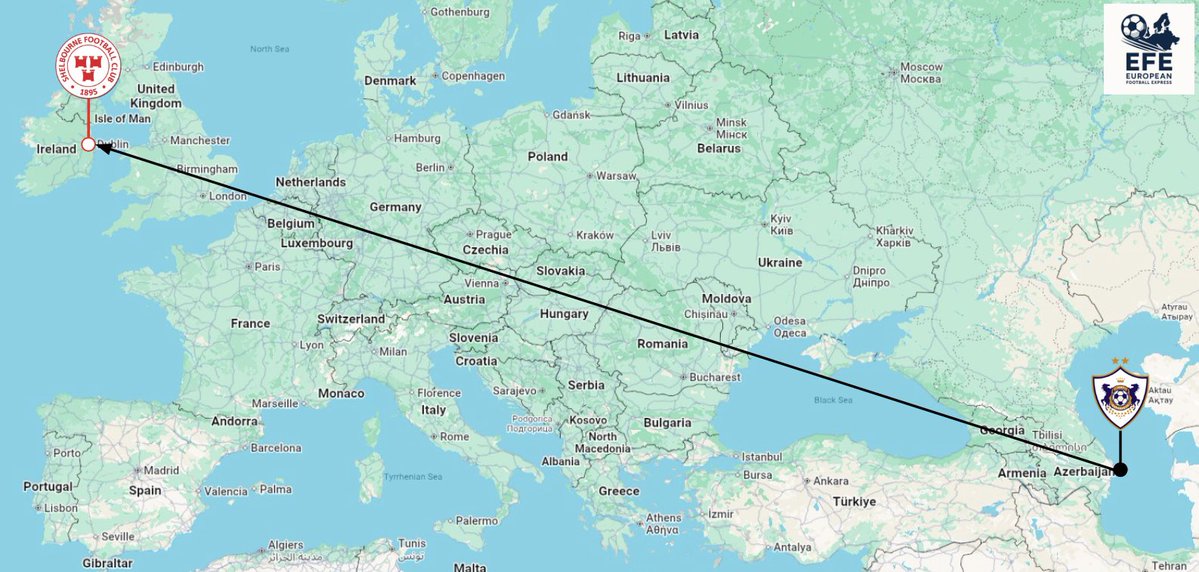 TheEuroFE's tweet image. 🇦🇿➡️🇮🇪 Qarabağ face a MAMMOTH journey as they will travel 4372km to face Shelbourne in Dublin in the second qualifying round of the Champions League tonight!
If Shelbourne can make it past Qarabağ, they will be GUARANTEED a first ever Group/League Phase place in their history!