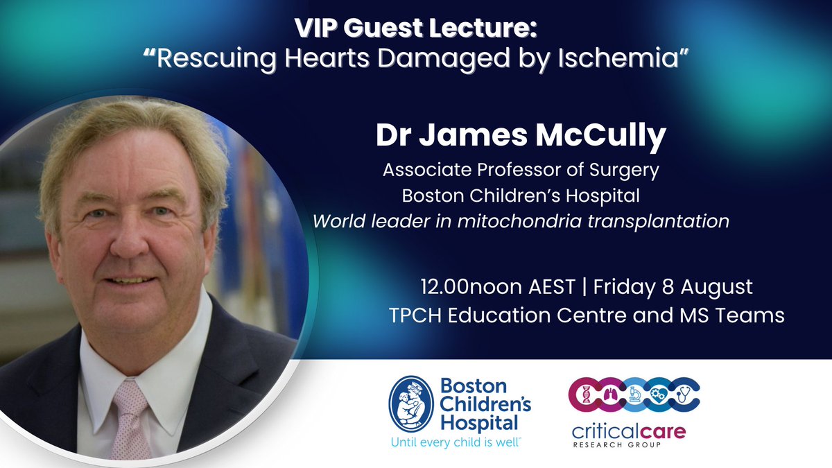 Critical Care Research Group (@ccrg_research) on Twitter photo Register now - FREE online guest lecture by Dr Jim McCully from <a href="/BostonChildrens/">Boston Children's</a> and <a href="/Harvard/">Harvard University</a>
8 Aug 12.00noon AEST
ccrg.org.au/mccully-lecture
<a href="/IMBatUQ/">Institute for Molecular Bioscience</a> <a href="/QUT/">QUT</a> <a href="/UQ_News/">UQ News</a> <a href="/tpchlibrary/">TPCH Library</a> <a href="/AusHSI/">AusHSI</a> <a href="/Harvard/">Harvard University</a> Register now - FREE online guest lecture by Dr Jim McCully from <a href="/BostonChildrens/">Boston Children's</a> and <a href="/Harvard/">Harvard University</a>
8 Aug 12.00noon AEST
ccrg.org.au/mccully-lecture
<a href="/IMBatUQ/">Institute for Molecular Bioscience</a> <a href="/QUT/">QUT</a> <a href="/UQ_News/">UQ News</a> <a href="/tpchlibrary/">TPCH Library</a> <a href="/AusHSI/">AusHSI</a> <a href="/Harvard/">Harvard University</a>