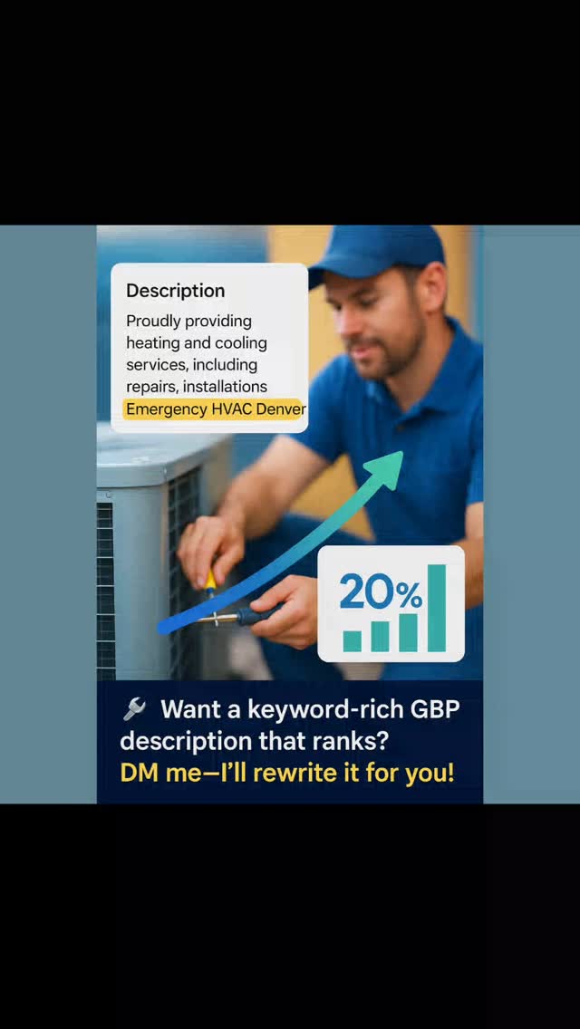 📝 Struggling to rank on Google Maps? Your GBP description might be the issue. 

Use local SEO terms like “24/7 AC Repair in [City]” to boost calls! 📍

#HVACSEO #GoogleBusinessProfile #LocalSEO #MapRanking #HVACMarketing #HVACLeads