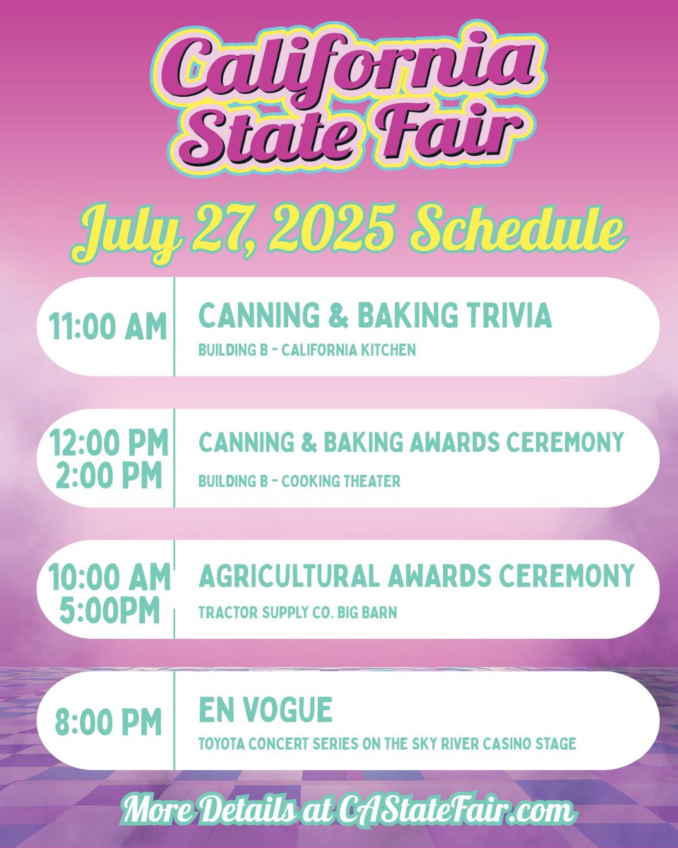 CAStateFair's tweet image. 🎉 Final Day at the CA State Fair!
🍓🥧 11AM: Canning &amp;amp; Baking Showcase
🏅 12PM: Canning &amp;amp; Baking Awards
🌾 10AM–5PM: Agricultural Awards Ceremony
🎤 8PM: En Vogue live! 🎶
Let’s close out the Fair with flavor, fun, and fierce vocals! 💃
#CAStateFair  #EnVogueLive #CSF2025