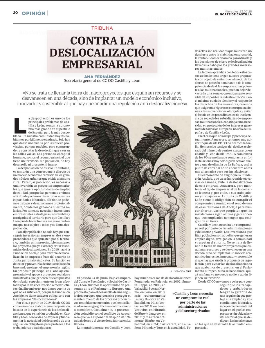 CCOOCyL's tweet image. ✍️ La secretaria general de CCOO CyL, @AnaAnamuros , analiza las causas de la despoblación y explica cómo CCOO lleva desde 2019 trabajando para evitar uno de los grandes males de CyL: la deslocalización empresarial.
🗞️ Hoy, en @nortecastilla, puedes leer estas reflexiones en…