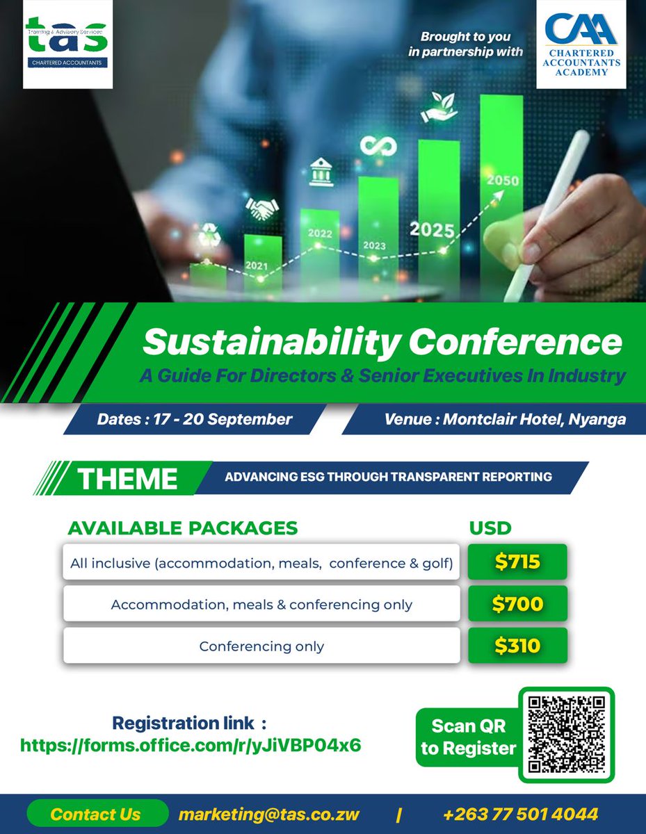 TAS_technical's tweet image. 🌍 Sustainability Conference 2025 🌿
 A Guide for Directors &amp;amp; Senior Executives in Industry
📅 17–20 September | 📍 Montclair Hotel, Nyanga

Secure your spot now 👉 forms.office.com/r/yJiVBP04x6
📧 marketing@tas.co.zw | 📞 +263 77 501 4044

#SustainabilityConference #ESGLeadership