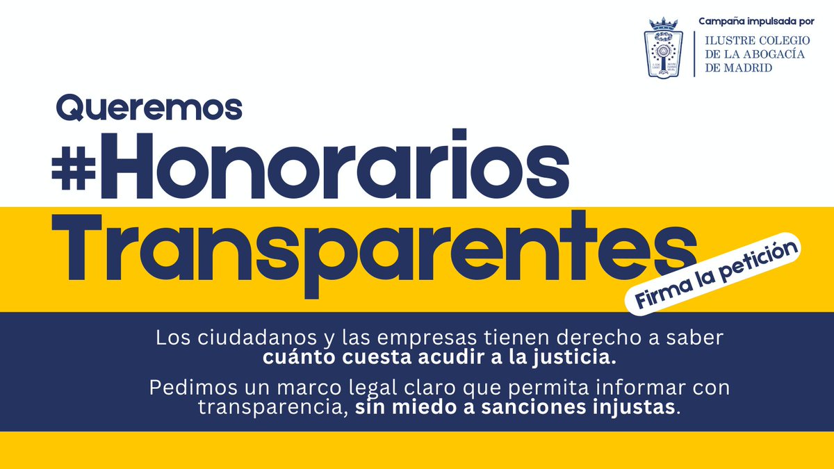 Ilustre Colegio de la Abogacía de Madrid (@icam_es) on Twitter photo ⚠️Queremos #HonorariosTransparentes
Los ciudadanos y las empresas tienen derecho a saber cuánto cuesta acudir a la justicia.
📩Por ello, hemos pedido a <a href="/felixbolanosg/">Félix Bolaños</a>, ministro de <a href="/justiciagob/">Ministerio de la Presidencia, Justicia y R. Cortes</a>, y a <a href="/pbustinduy/">Pablo Bustinduy</a>, ministro de <a href="/MSocialGob/">Ministerio de Derechos Sociales, Consumo y A2030</a>, que promuevan un dictamen del ⚠️Queremos #HonorariosTransparentes
Los ciudadanos y las empresas tienen derecho a saber cuánto cuesta acudir a la justicia.
📩Por ello, hemos pedido a <a href="/felixbolanosg/">Félix Bolaños</a>, ministro de <a href="/justiciagob/">Ministerio de la Presidencia, Justicia y R. Cortes</a>, y a <a href="/pbustinduy/">Pablo Bustinduy</a>, ministro de <a href="/MSocialGob/">Ministerio de Derechos Sociales, Consumo y A2030</a>, que promuevan un dictamen del