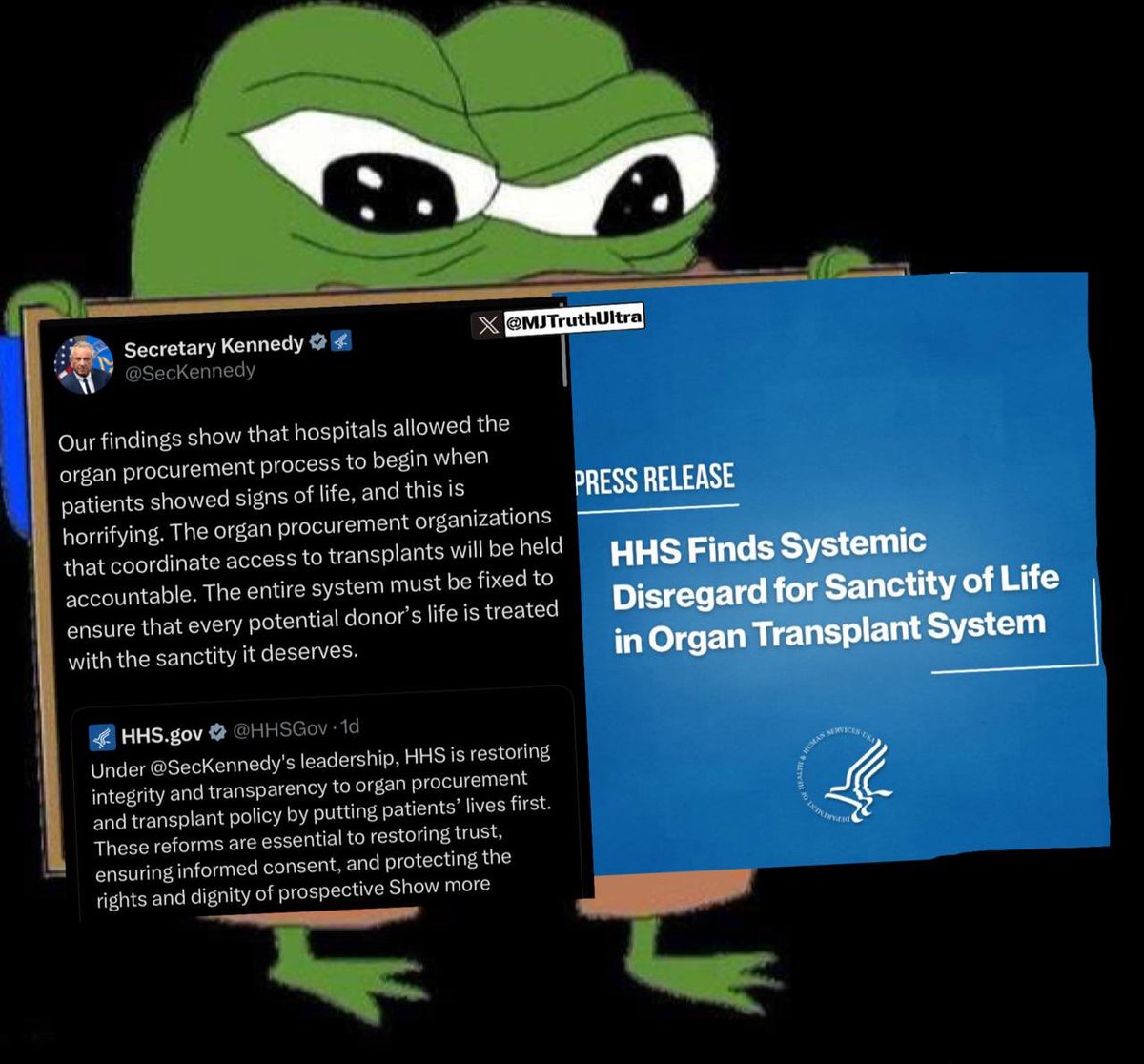 TinaZimmermann4's tweet image. 💊RFK Jr just exposed Horrific Organ Transplant Abuses under previous HHS — Organs were taken from people still showing 🥲signs of life!
MJTruth