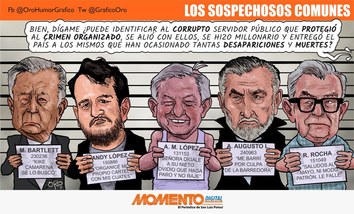 LOS SOSPECHOSOS COMUNES 
por Oro
periodicoelmomento.com/los-sospechoso…

¿Puede identificar al corrupto servidor público que protegió al crimen organizado, salió con ellos, se hizo millonario y entregó el país a los mismos que han ocasionado tantas desapariciones y muertes?
#NuestrosMoneroa