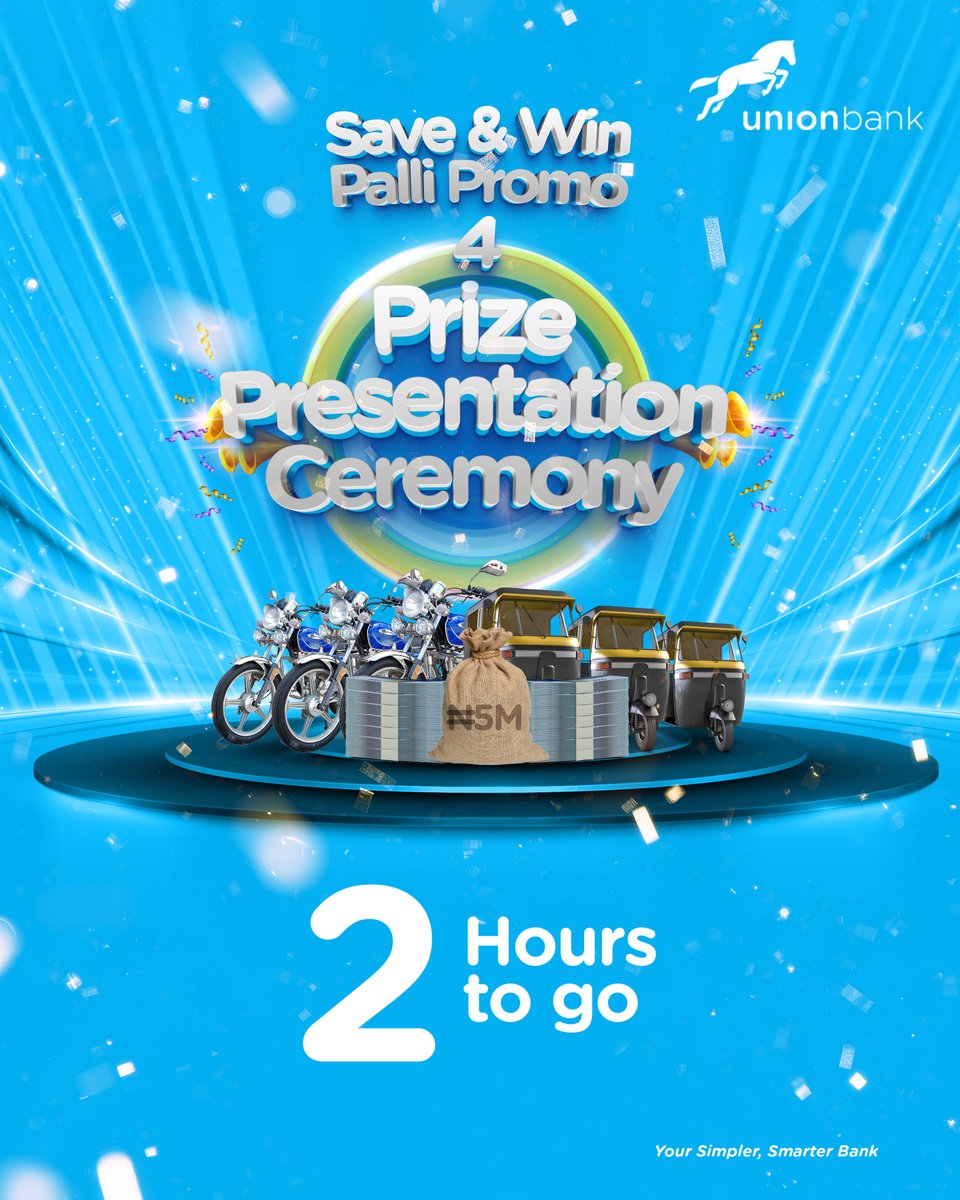 2 hours before we present the sum of ₦5,000,000 (Five Million Naira) each to the #SaveandWinPalliPromo4 grand prize winners!

Are you ready? 

Join the live presentation on YouTube: youtube.com/@unionbankng?s… 

or on

Zoom:us06web.zoom.us/j/81061869299

Time: 11am
Date: 23/07/2025