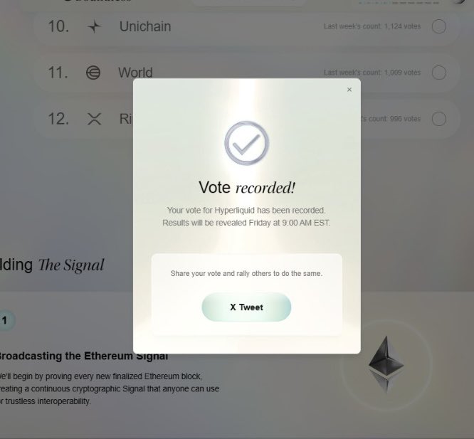 affanyjoe's tweet image. I just voted for Hyperliquid to be proven next on @boundless_xyz
Initially I was tilting towards solana but
I performed a u-turn so I could align with the “chain climber” task for the silver tier.
Currently on 6/10, hopefully I get over the line when this voting round ends.…