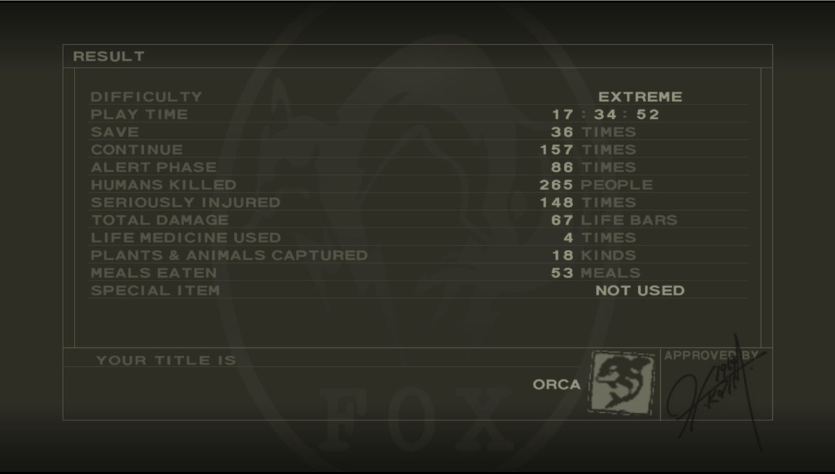 PsyOptima's tweet image. -somehow managed to finish my first time MGS3 run on Extreme after two days 🫡 (i'll try to not finish off sleeping enemies in the future...)-