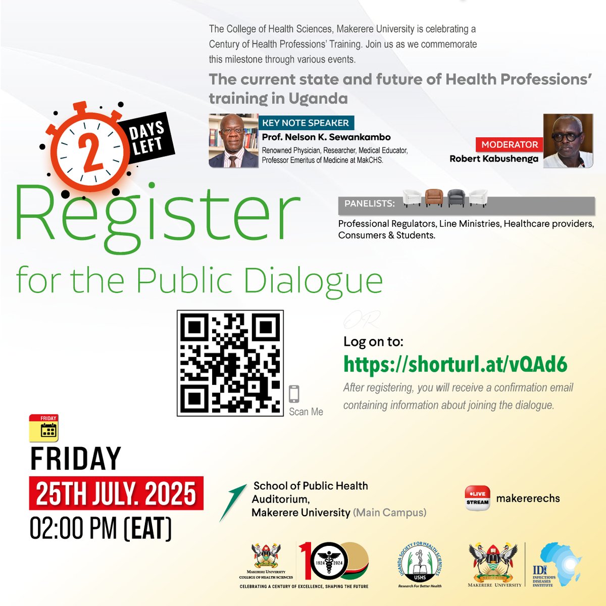 GovUganda's tweet image. ๐๐๐๐๐๐ ๐๐๐๐๐๐๐๐ ๐๐๐๐๐๐๐๐๐๐
The College of Health Sciences, Makerere University, invites you to a Public Dialogue under the theme:
โThe Current State and Future of Health Professionsโ Training in Uganda.โ
This is part of events to commemorate 100 yearsโฆ