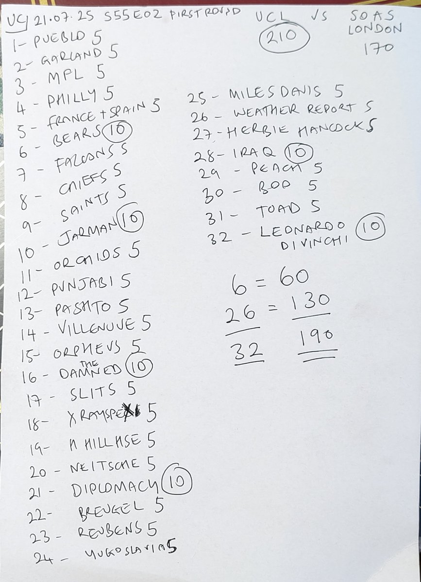 mrjolly23's tweet image. #UniversityChallenge
21.07.2025
#Series55
#episode2
#firstround
@ucl vs @SOAS
#londonderby
Answered 32
Scored 190
Pleased with the Derek Jarman answer, and the Punk. Jazz & Mario Rounds