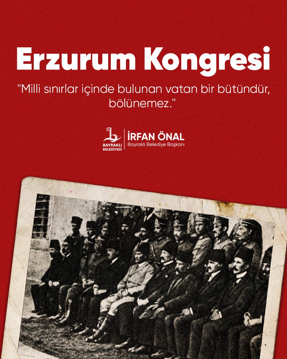 “Milli sınırlar içinde vatan bölünmez bir bütündür, parçalanamaz.”

Cumhuriyetimizin temellerinin atıldığı Erzurum Kongresi'nin 106. yıl dönümünde Ulu Önderimiz Gazi Mustafa Kemal Atatürk başta olmak üzere bağımsızlık mücadelemizin tüm kahramanlarını saygı ve minnetle anıyorum.