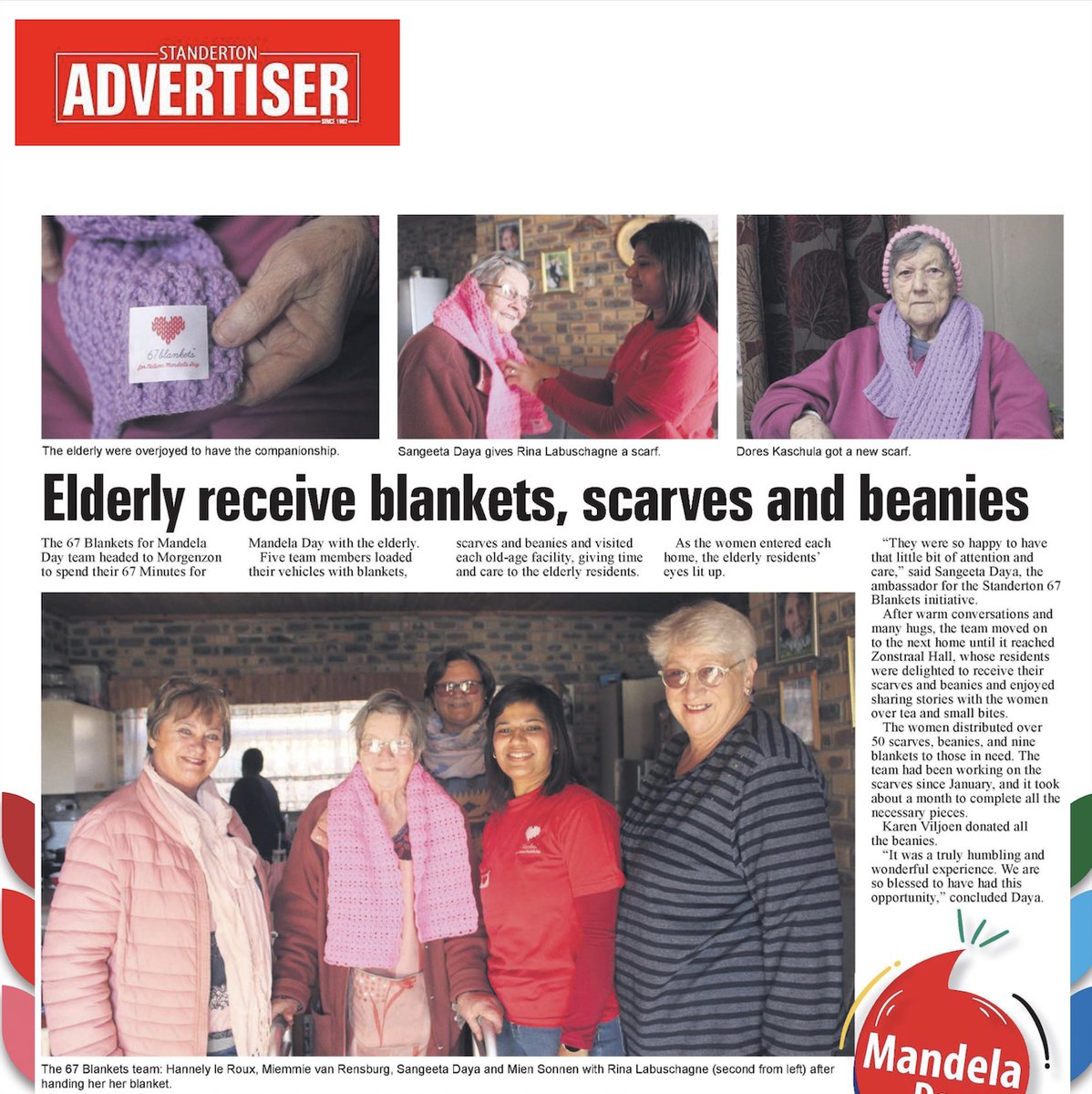 Elderly receive blankets, scarves and beanies.
The 67 Blankets for Mandela Day team headed to Morgenzon to spend their 67 Minutes for Mandela Day with the elderly.
Thank you to the Standerton Advertiser for your AMAZING blanket coverage.
#67Blankets #secretscarves <a href="/Carolyn_Steyn/">Carolyn Steyn</a>