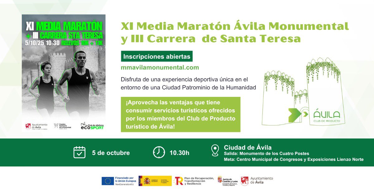 🏃‍♂️ El 5 de octubre llega la XI Media Maratón Ávila Monumental y la III Carrera de Santa Teresa

Inscríbete, participa en una de las citas más esperadas del año y disfruta de los packs exclusivos que ofrece el Club de Producto Turístico

📍 mmavilamonumental.com

#Ávila #running