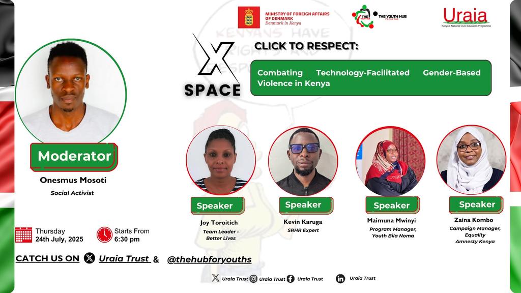 The Tribe of Wakanda (@theeniggma) on Twitter photo have you ever experienced online abuse?
or you know someone who has?
join us tomorrow evening on X (Twitter) for this insightful conversation on TFGBV
the space will be hosted by <a href="/UraiaTrust/">Uraia Trust</a> and <a href="/TheHubForYouths/">The Youth Hub</a>
#ClickToRespect
#TFGBVKe
#EndTFGBV have you ever experienced online abuse?
or you know someone who has?
join us tomorrow evening on X (Twitter) for this insightful conversation on TFGBV
the space will be hosted by <a href="/UraiaTrust/">Uraia Trust</a> and <a href="/TheHubForYouths/">The Youth Hub</a>
#ClickToRespect
#TFGBVKe
#EndTFGBV