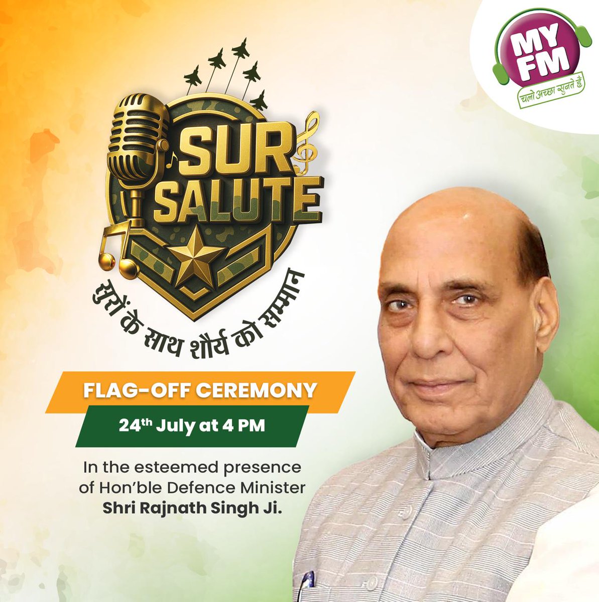 Rjkartik's tweet image. A Tribute to Our Heroes 🙏🎶
Tune in to the MY FM Presents Sur Salute flag-off ceremony on July 24th at 4 PM, in the esteemed presence of Hon'ble Defence Minister Shri Rajnath Singh Ji 🙏 @rajnathsingh @MYFMIndia
#SurSalute #Tribute #MYFM