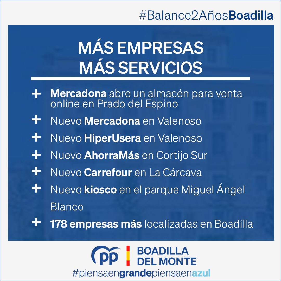 ✅ BALANCE EMPRESAS Y SERVICIOS| #Balance2AñosBoadilla

En estos dos años, hemos impulsado el crecimiento económico local y mejorado la oferta comercial para todos nuestros vecinos.
🎯 Nuestro objetivo: acercar más servicios, generar empleo y dinamizar la vida en nuestra ciudad.