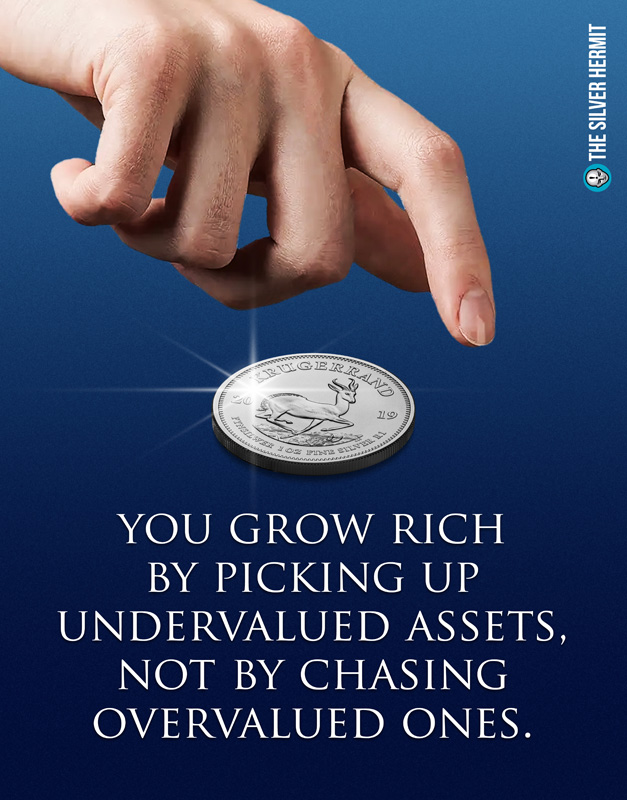 thesilverhermit's tweet image. You grow rich by picking up undervalued assets, not by chasing overvalued ones.
It is sad that so few people realize this nowadays.
Get yourself some physical silver. It's the most undervalued asset in the world.