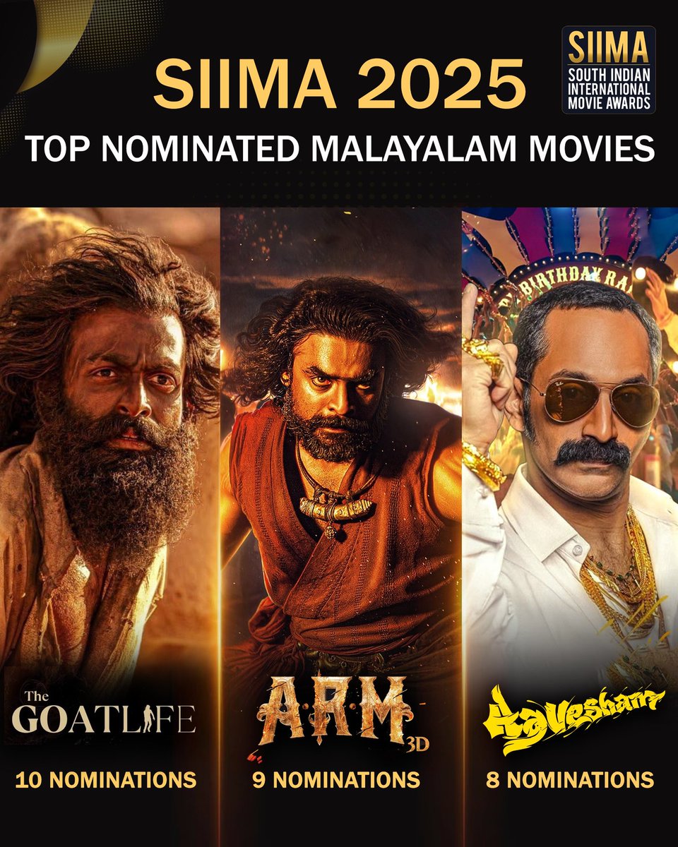 siima's tweet photo. The Stage Is Set. The Stars Are Ready.
Presenting the Top Nominated Films at SIIMA 2025 🌍🏆
From powerful performances to cinematic brilliance, these films captured hearts and headlines across languages. And now… they lead the race for the most coveted awards in South Indian cinema! 💫
🔥 Tamil
💥 Amaran – 13 Nominations
🏏 Lubber Pandhu – 8 Nominations
🌱 Vaazhai – 7 Nominations
🔥 Telugu
🏹 Pushpa 2 – 11 Nominations
⚔️ Kalki 2898 AD – 10 Nominations
⚡ Hanuman – 10 Nominations
🔥 Kannada
🩸 Bheema – 9 Nominations
🎬 Krishnam Pranaya Sakhi – 9 Nominations
🌙 Ibbani Tabbida Ileyali – 7 Nominations
🔥 Malayalam
🐐 The Goat Life (Aadujeevitham) – 10 Nominations
🛡️ ARM – 9 Nominations
🎉 Aavesham – 8 Nominations
📍 Join us for the grand celebration on 5th & 6th September 2025 in Dubai
#siima2025 #nexasiima