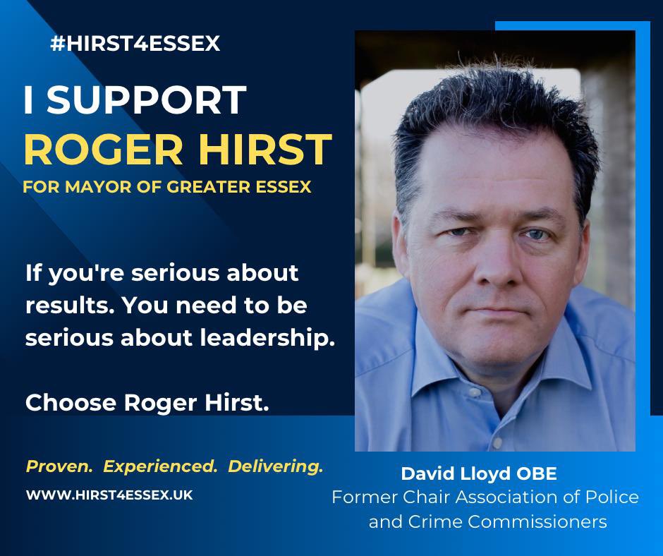 Hirst4EssexPFCC's tweet image. Thank you to David Lloyd, former national Chair of the Association of Police & Crimes Commissioners, for his support. We worked together to get our Police to its current record strength across the country - so important at these times of heightened social tension.
#Hirst4Essex